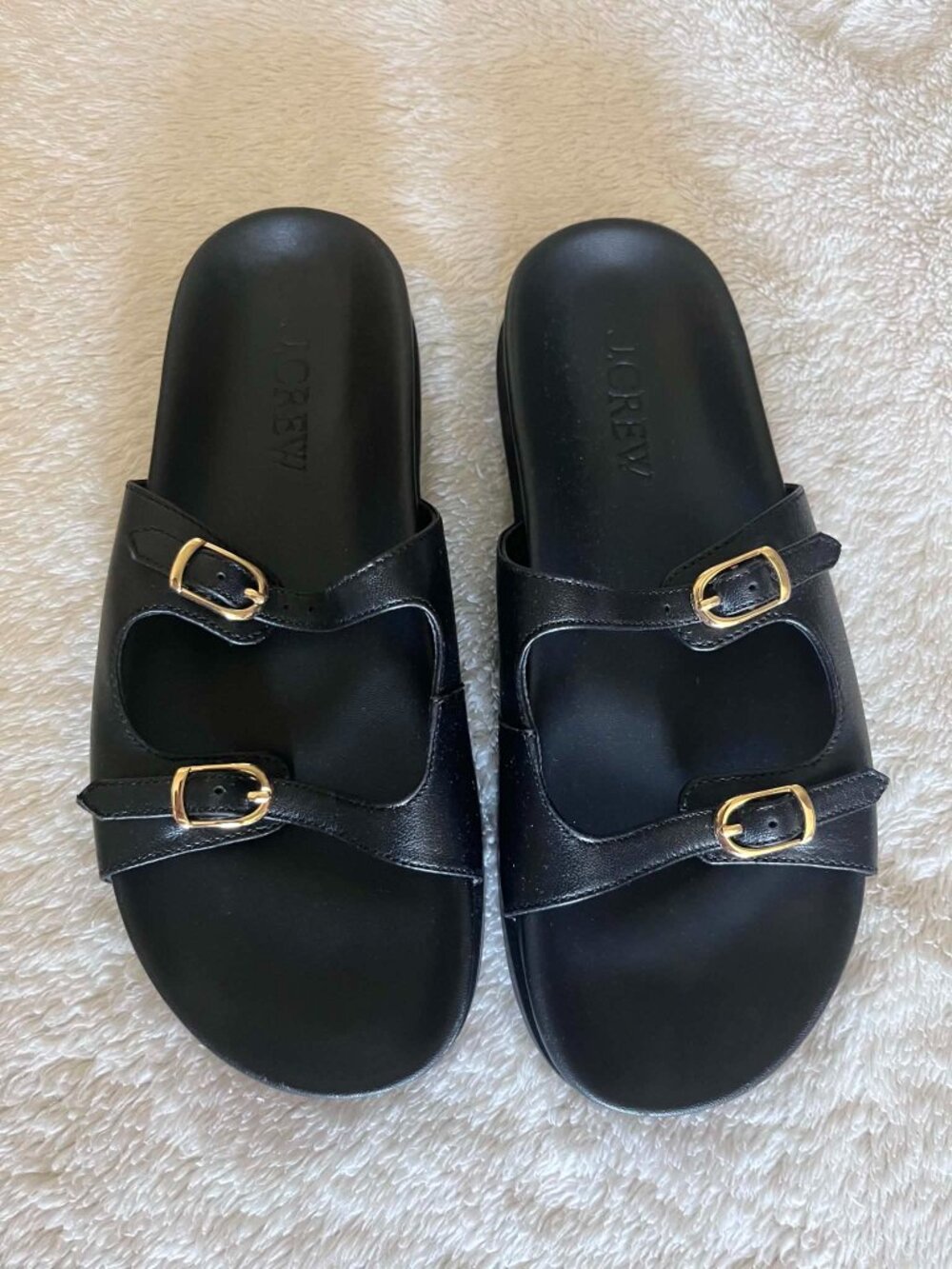 J. Crew Black Leather Double-Buckle Slide Sandals with Gold Buckles